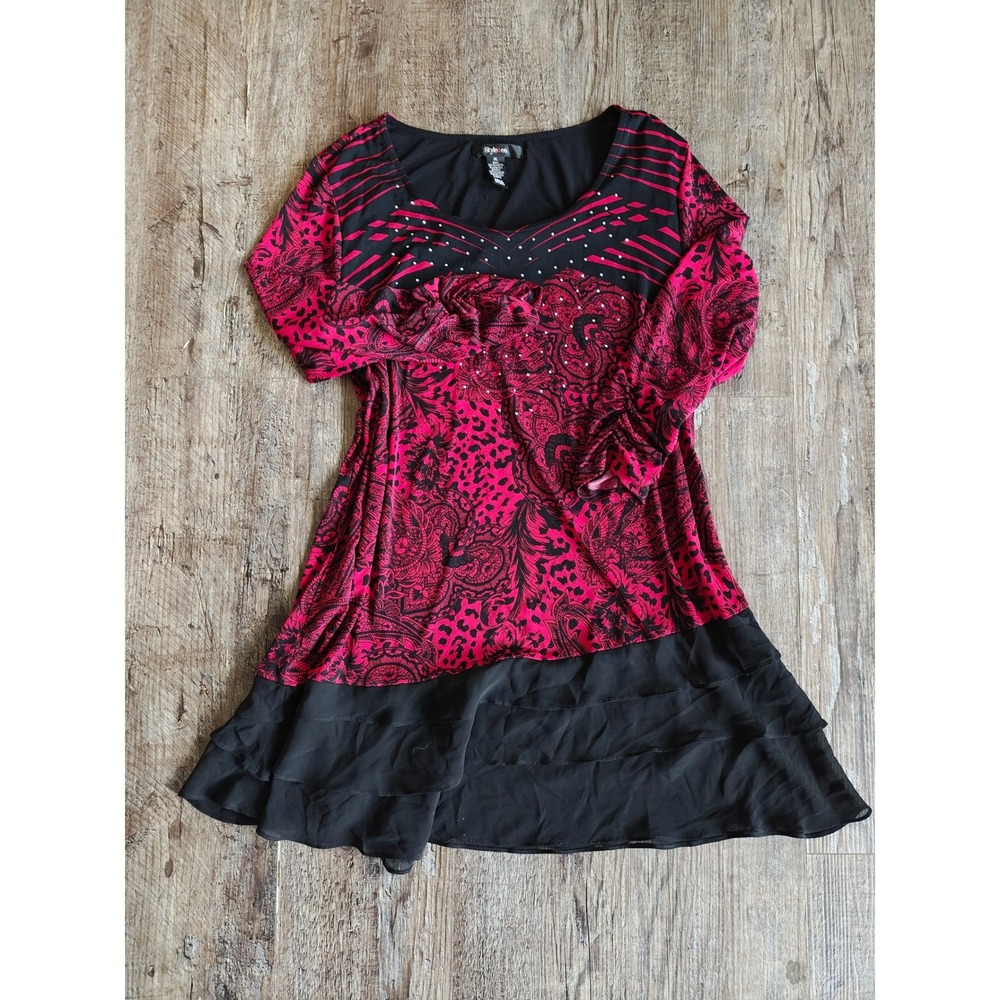 Style & Co Red Black Paisley Leopard Tunic Mini Dress Whimsygoth Rhinestone XL